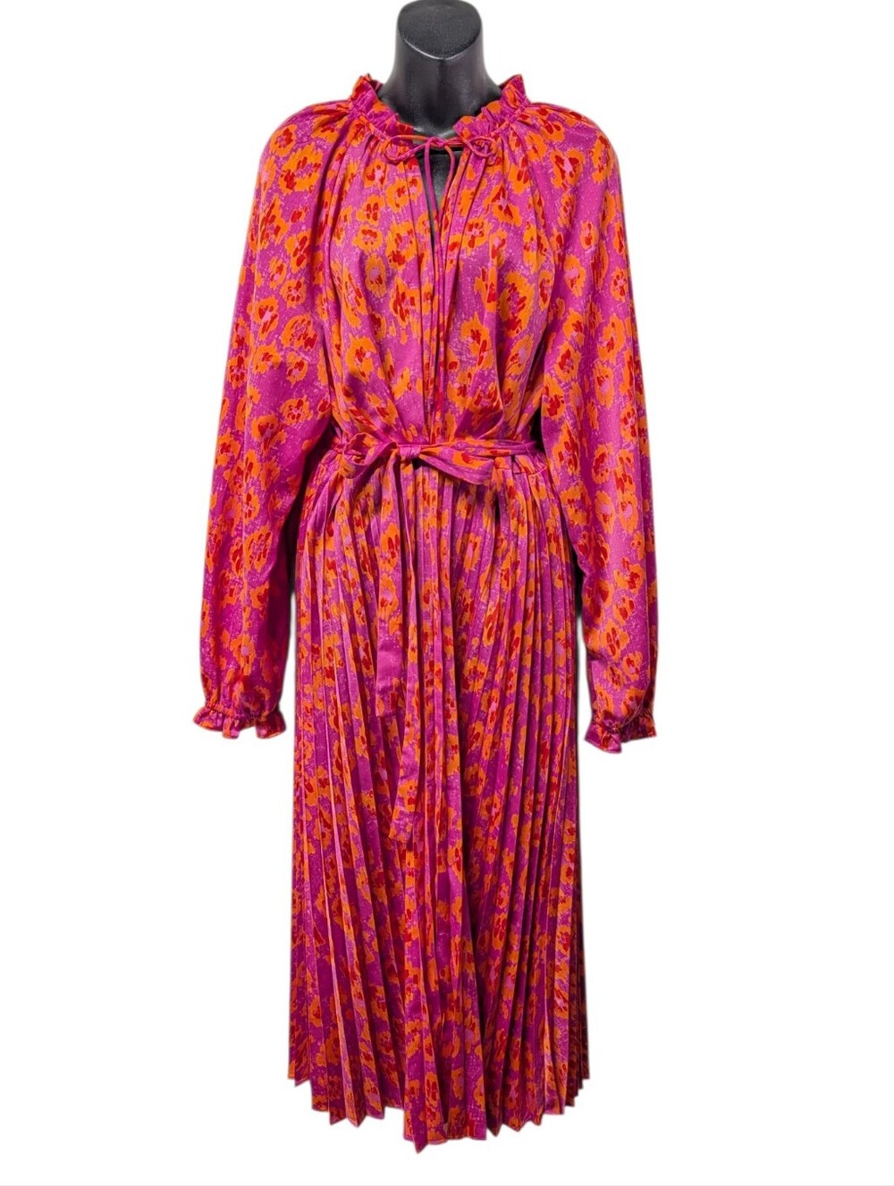 SCOOP Women’s Pink Orange Animal Print Pleated Midi Dress Tie Neck Belted Sz XL
